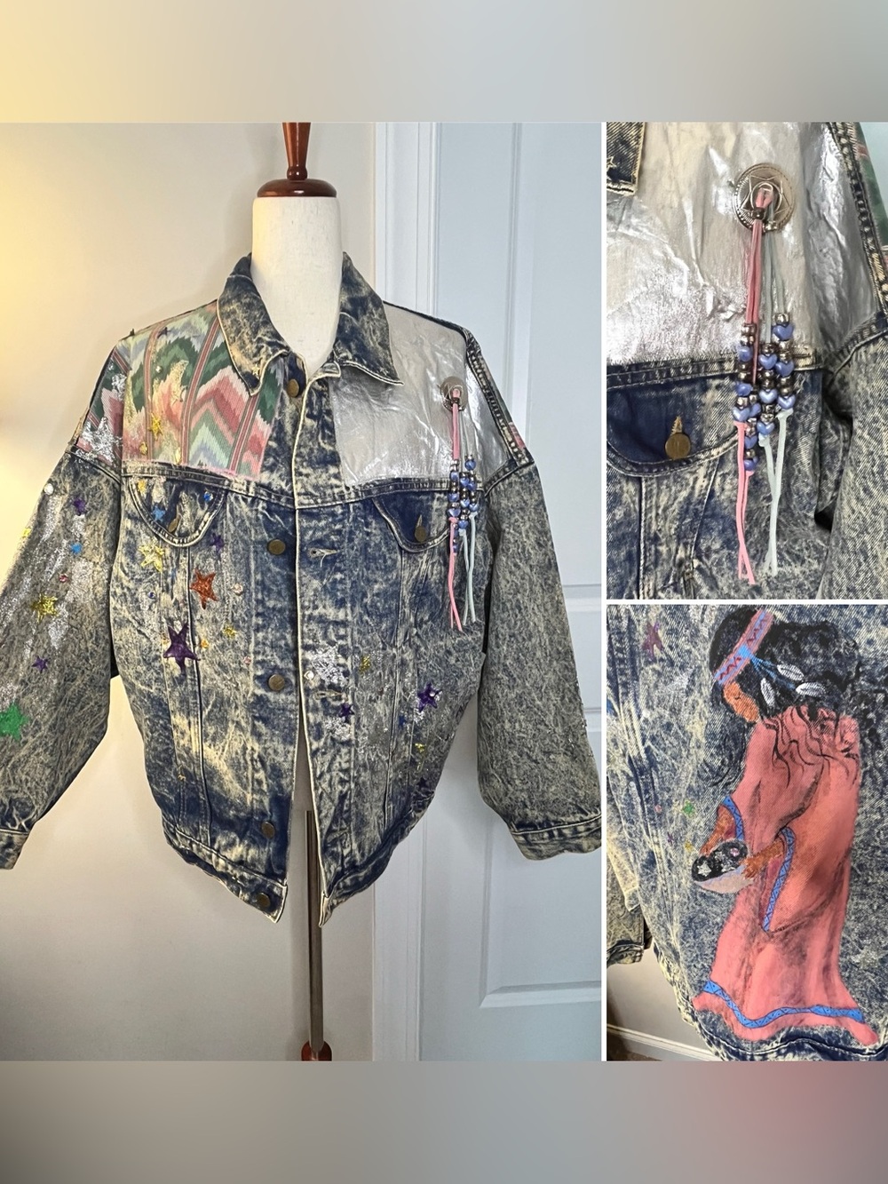 Vintage Acid-Wash Denim Jacket with Pastel Accents and Native American print